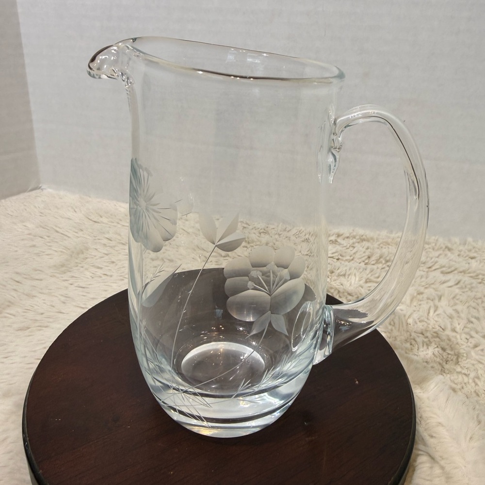 Vintage handblown crystal pitcher with delicate etched/inlayed floral design